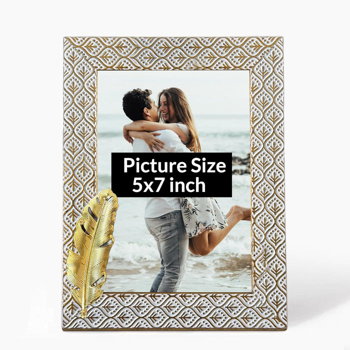Photo Frame with Golden Metalic Leaf, White (5x7 Inch), Wooden Tabletop Photoframe.