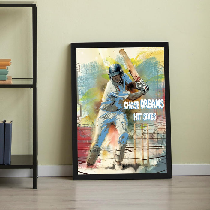 Art Street Framed Wall Hanging Art Print of Cricket Batsman Batting Sports Poster For Home Decor, Living Room, Hotel and Office Decor, (12.7X17.5 Inch)