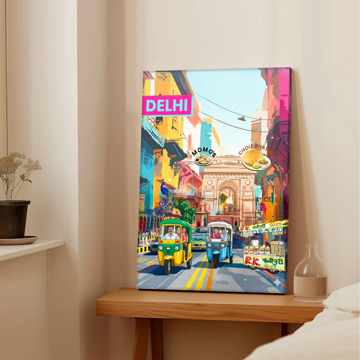 Delhi Landmarks Collage Mixed Media Canvas Wall Painting | Travel pop art Canvas Wall Painting For Home and Office Wall Décor (41x56 cm)