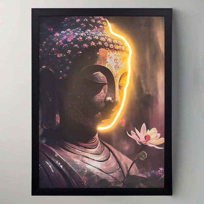 LED Buddha Wall Art Print with Wooden Frame, Feng Shui Vastu Wall Decor, Buddha Painting with LED Light - 43x58 cm
