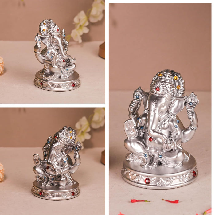Ganesh Ji Statue Showpiece Idol, Crafted from Resin Ganesh Ji Murti (Silver, 8x11 cm)