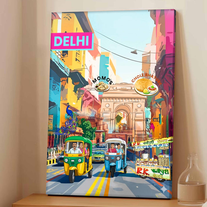 Delhi Landmarks Collage Mixed Media Canvas Wall Painting | Travel pop art Canvas Wall Painting For Home and Office Wall Décor (41x56 cm)
