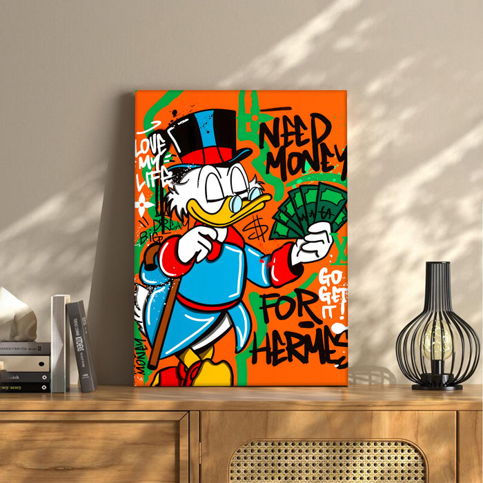 Modern Pop Art Duck Money Wall Painting | Graffiti Street Art Stretched Canvas Print | Bold Cartoon Artwork for Living Room, Office & Café Décor, 41x56 cm