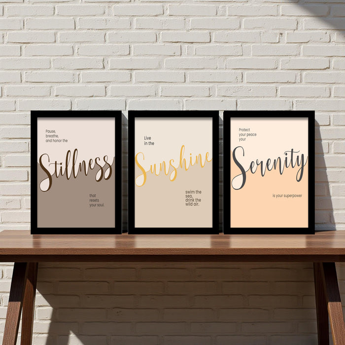 Calming Quote Wall Art Set of 3 Framed Prints | Stillness Sunshine Serenity Wall Décor for Living Room, Bedroom & Office, 23x32 cm