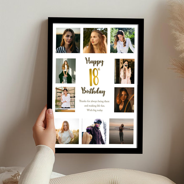 Personalized Happy Birthday Wall Photo Print Collage with 10 Photo Upload Customized Photo Frame (8x12 Inch)