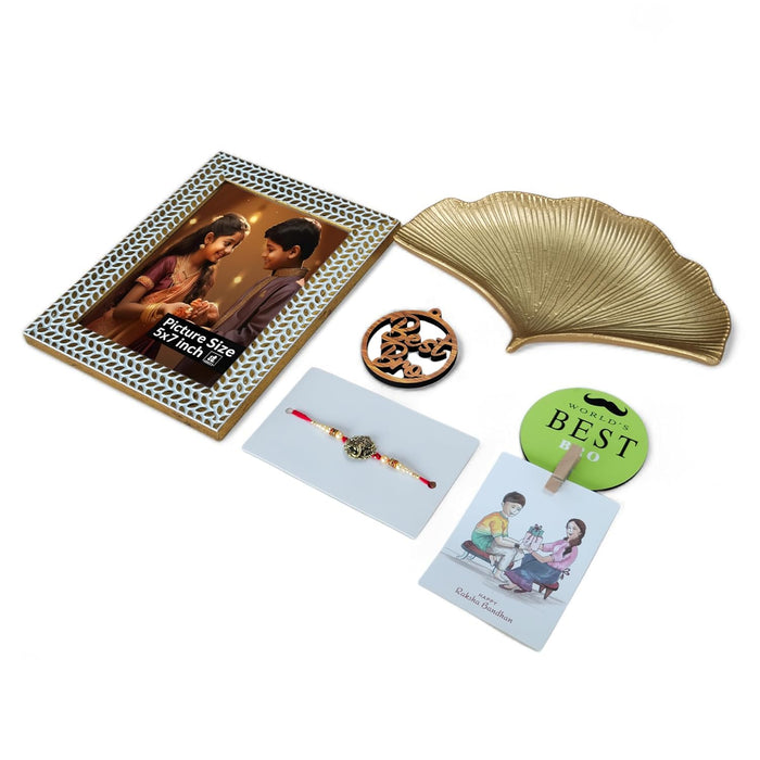 Art Street Rakhi Gift Hamper Combo Set-One 5x7 Inch Photo Frame With Ganesh Rakhi for Brother, Best Bro Keychain, Decorative Tray, One Photo Clip Best Brother Fridge Magnet Rakshabandhan Rakhi