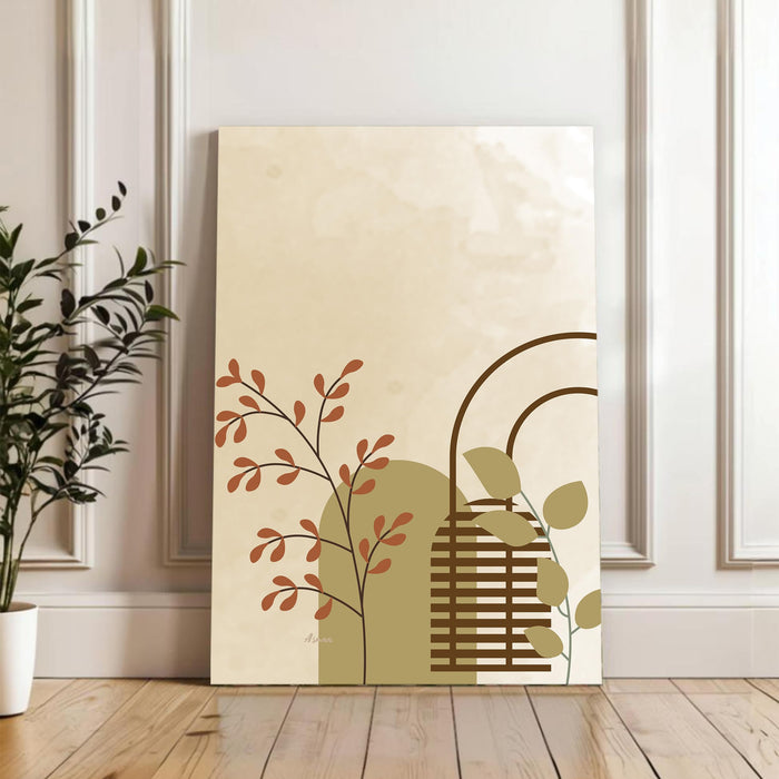 Abstract Botanical green theme Stretched Canvas Wall Art Modern Boho Illustration Painting for Home & Office Wall Decor, (16x22 Inch)