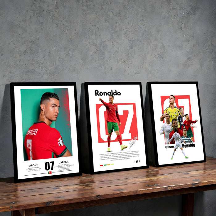 Cristiano Ronaldo Player Sports Painting With Frame for living room, Football Player Framed Wall Art Painting for Home Decor Set of 3, Size 13.6 by 17.9 Inch