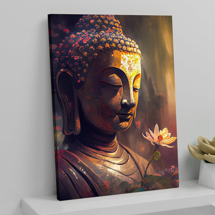 Art Street Stretched On Frame Canvas Painting Lord Buddha With Flower Art For Living Room, Decorative Home & Wall Décor Abstract Art (Size: 16x22 Inch)