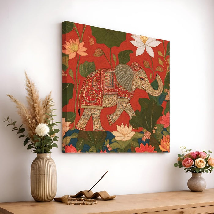 Elephant Vastu Art Stretched Canvas Painting For Living Room | Floral Madhubani Wall Art Large Canvas Painting For Livingroom Home Decor, Bedroom, Hallway's, Office, Hotel - 86x86 cm