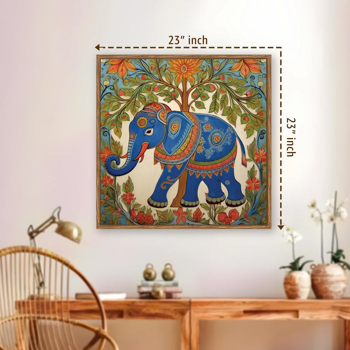 Madhubani Elephant Folk Framed Painting For Living Room | Mithila Botanical Large Canvas Painting With Frame Wall Art For Bedroom, Hallway's, Office, Hotel, Size 58x58 cm