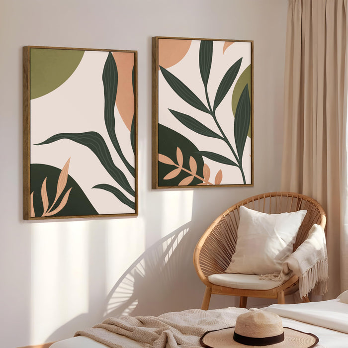 Boho Leaf Flower Canvas Wall Painting Bohemian Large Wall Art Painting for Living Room Decoration, Stylish Large Wall Art Print for Wall Decor (Set of 2, 58x89 cm)