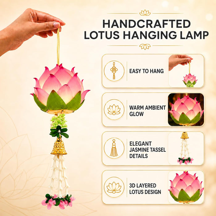 Pink Lotus LED Hanging Lantern Light for Diwali Decoration, Festive Home Decor, Mandir, Puja Room & Traditional Indian Festival Decoration