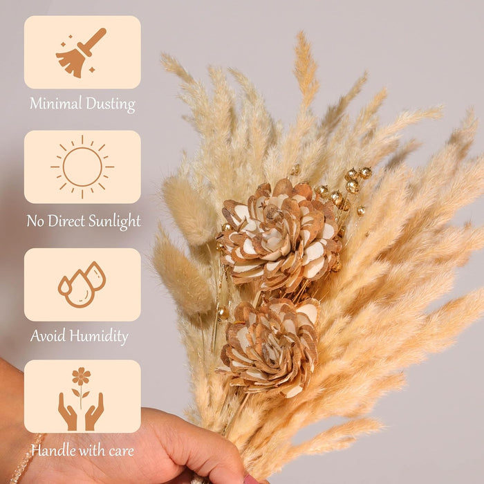 Dried Pampas Grass and Gloden Artificial Flowers Bouquet Boho Dried Flower Arrangement, Natural Dry Floral Bouquet 30 cm