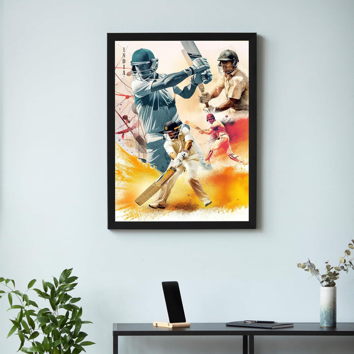 Art Street Framed Wall Hanging Art Print Cricket Batsman in Batting Sports Poster For Home Decor, Living Room, Hotel and Office Decor ( 12.7X17.5 Inch )
