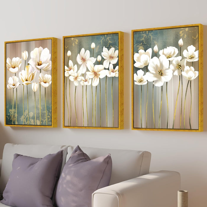 Abstract Golden Leaf Canvas Painting For Home Décor (17x23 Inch, Set Of 3)