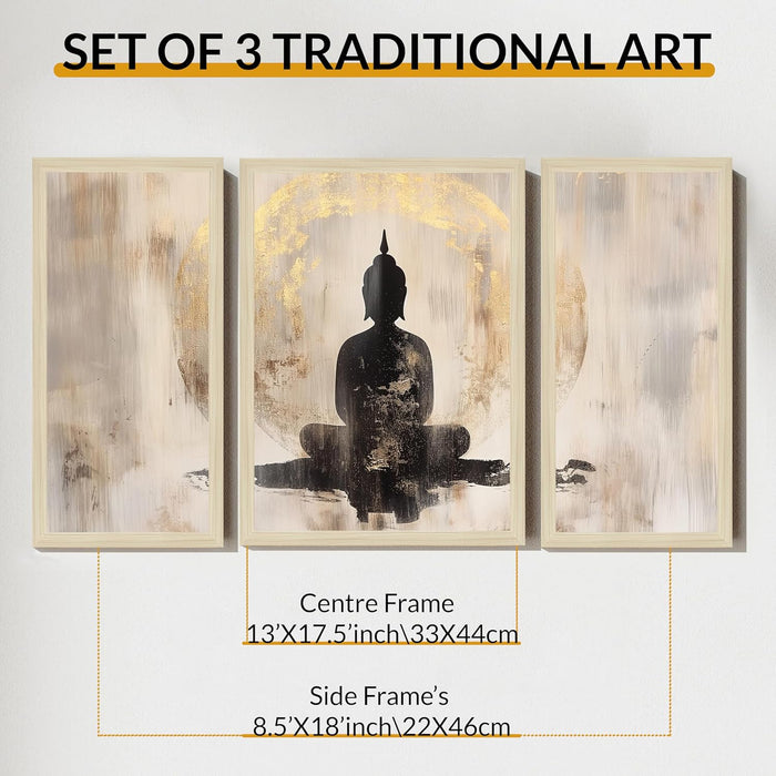 Buddha Floral Abstract Framed Wall Art Painting Home Décor Pack Of 3 | Digital Scenery Painting with Frame, Office Set Of 3, 22x46 cm, 33x44 cm