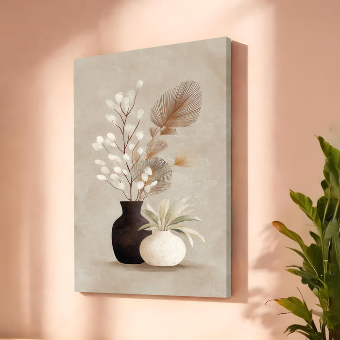 Boho Vase Pampas Stretched Canvas Painting For Living Room | Neutral Decor Stretched Canvas Wall Art For Livingroom Home Decor, Bedroom, Hallway's, Office, Hotel - 56x86 cm
