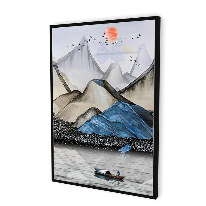 Wall Art Print Serene River Mountains Digital Decorative Luxury Paintings with Frame for Home Decoration (Blue, 22 X 34 Inches)