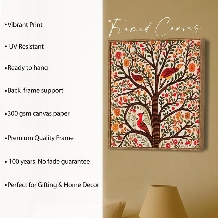 Madhubani Tree of Life Framed Painting For Living Room | Indian Folk Tree and Birds Large Canvas Painting With Frame Wall Art For Bedroom, Hallway's, Office, Hotel, Size 58x58 cm