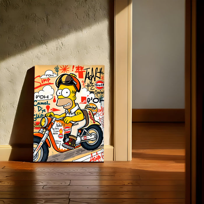 Cartoon Biker Graffiti Stretched Canvas Painting Print | Street Pop Art Wall Décor | Modern Motorcycle Illustration for Home & Office, 41x56 cm