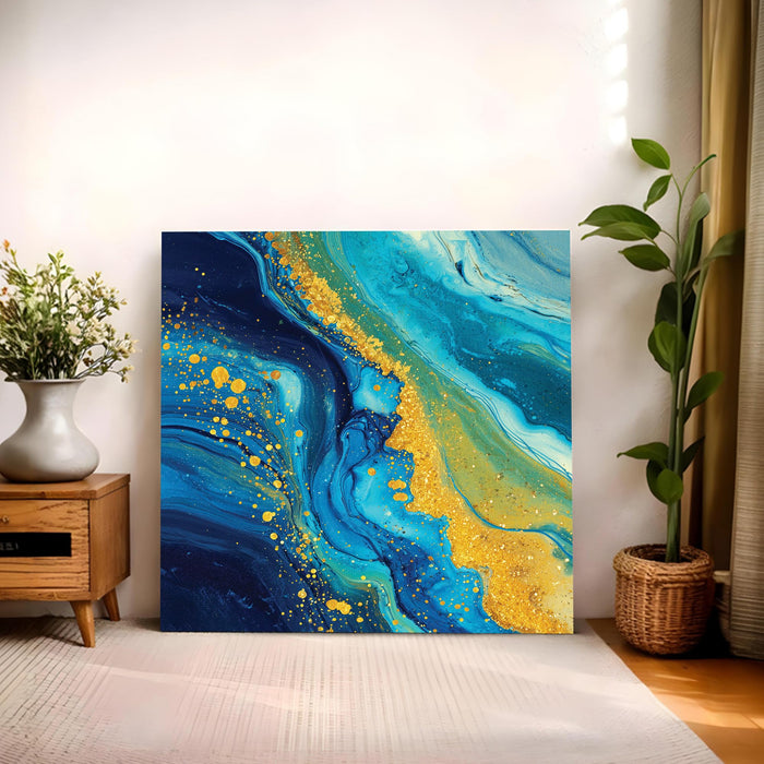 Abstract Blue & Gold Marble Wall Art Painting For Living Room, Modern Fluid Ink Stretched Canvas Painting with Gold Foil Splatter, Contemporary Decor for Living Room, Home & Office (56xx56 cm)
