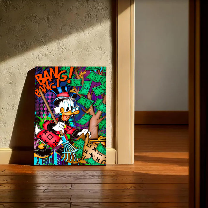 Bang Bang Hustle Pop Art Stretched Canvas Painting Print | Money Tree Street Art Wall Décor | Bold Motivational Artwork for Modern Home & Office, 41x56 cm