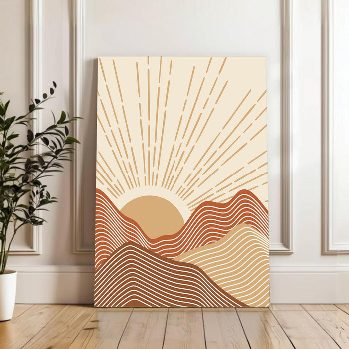 Abstract Sun Rise Mountains Stretched Canvas Wall Art Modern Boho Illustration Painting for Home & Office Wall Decor, (16x22 Inch)