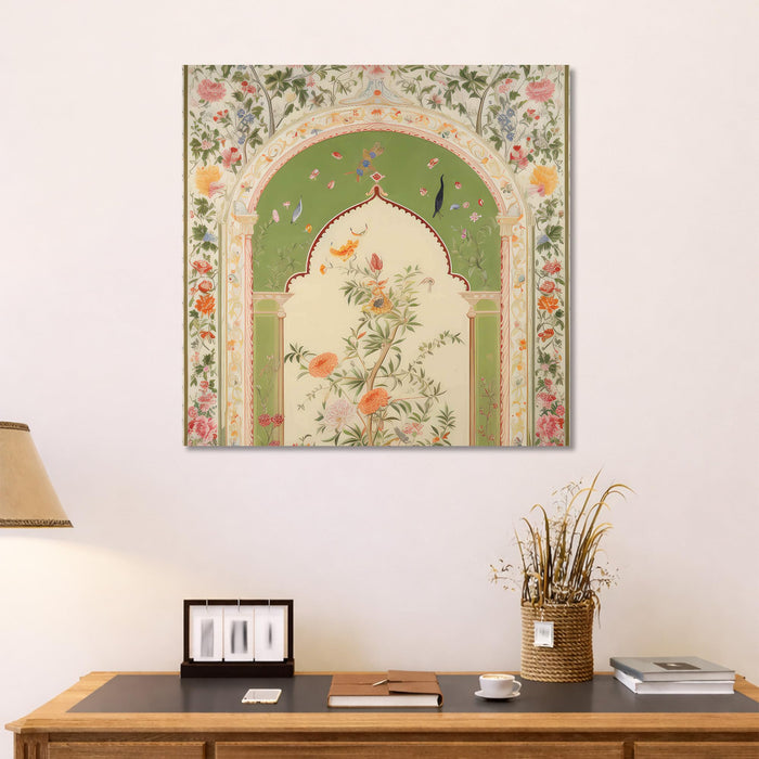 Traditional Indian Mughal Art Stretched Canvas Wall Art Painting For LIving Room, Pichwai Floral Jharokha Design with Enchanted Blossoms & Birds for Living Room, Office & Home (56xx56 cm)