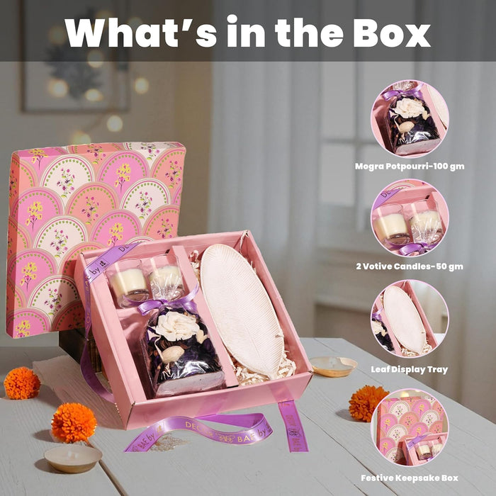Diwali Gift Hamper Box with Mogra Scent Potpourri, Glass Candle and Tray, Friends and Relatives (Pack of 4)