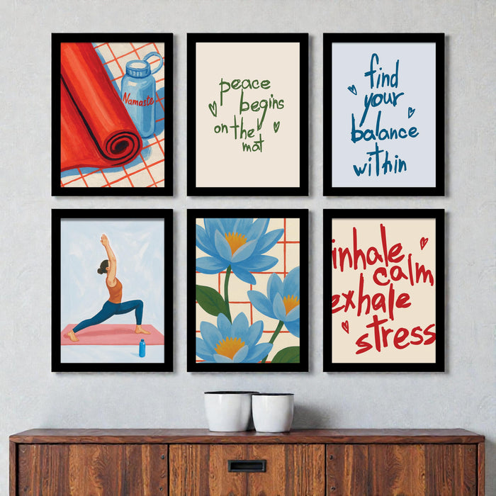 Set of 6 Yoga & Meditation Framed Posters – Inspirational Wall Art & Yoga Illustrations – Wellness, Mindfulness & Fitness Decor for Yoga Studio, Home Gym, Meditation Space, (24x32 cm)