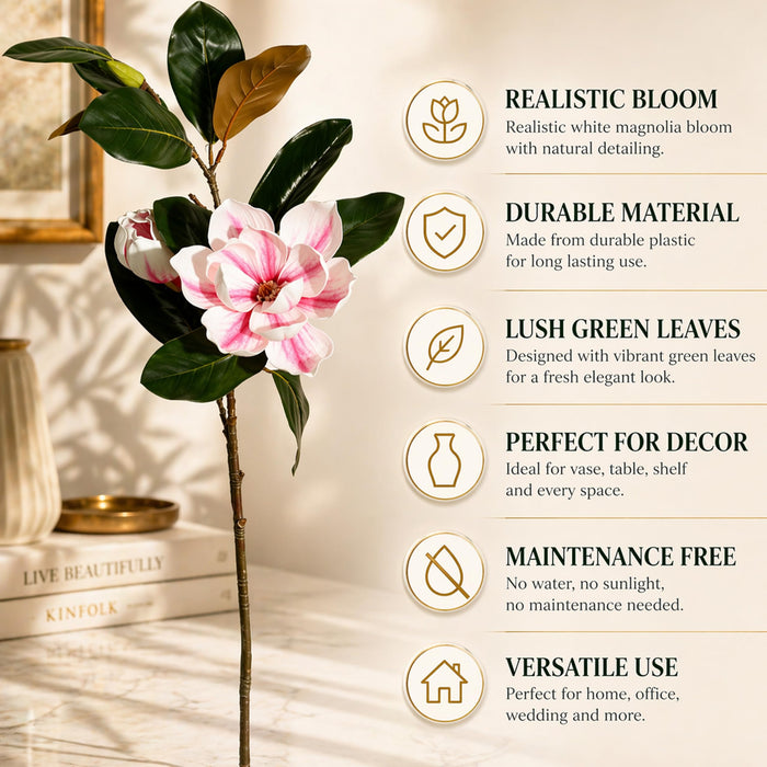 Art Street Artificial Magnolia Flower Stems Pink & White – Realistic Faux Magnolia Branches with Green Leaves for Home Décor, Vase Fillers, Living Room & Wedding Decoration (Set of 2), 34 Inch