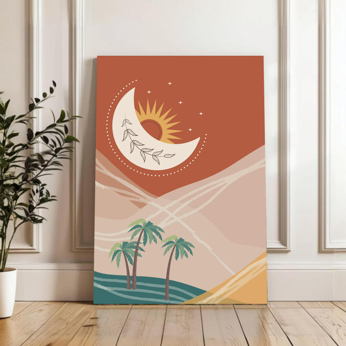 Abstract Desert Moon Stretched Canvas Wall Art Modern Boho Illustration Painting for Home & Office Wall Decor, (16x22 Inch)