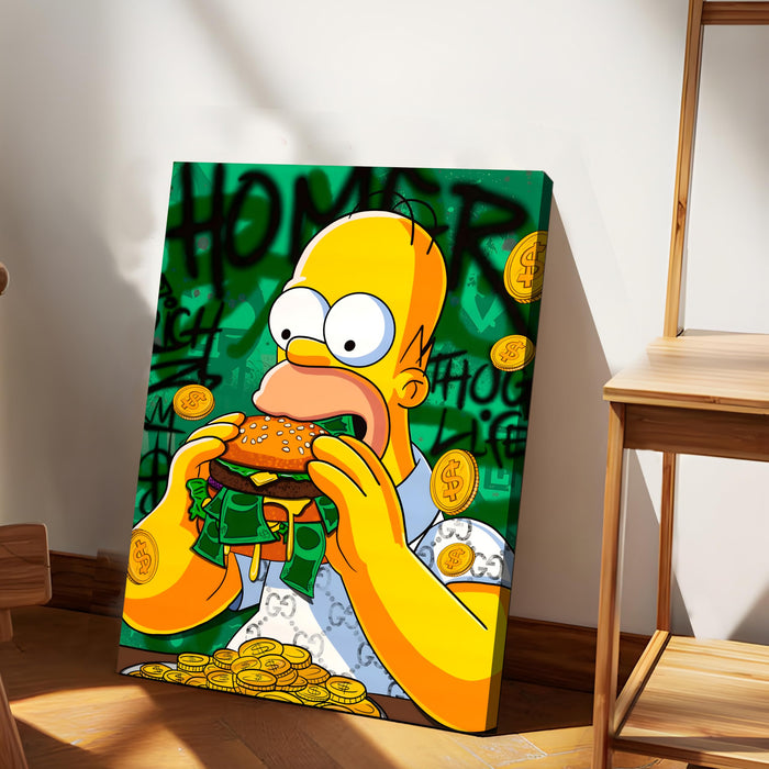 Funny Money Burger Pop Art Stretched Canvas Painting Print| Cartoon Style Graffiti Wall Art | Modern Humorous Artwork for Home, Café & Office Décor, 41x56 cm