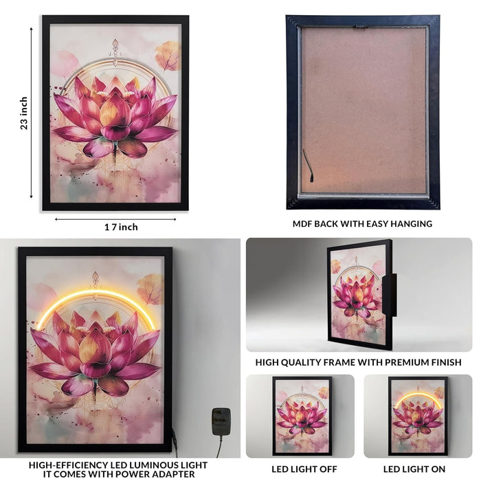 LED Lotus Flower Wall Art Print with Wooden Frame, Feng Shui Vastu Wall Decor, Lotus Painting with LED Light - 43x58 cm