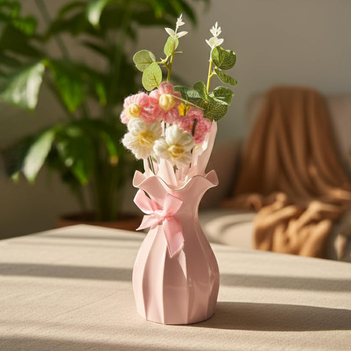 Art Street Handmade Knitted Flower Bouquet with Pink Ribbon Reusable Vase – Artificial Wool Flowers & Eucalyptus Arrangement | Home & Office Table Décor | Gift for Valentine Day