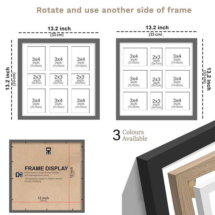 Photo Frame Collage 8x10, 5x8 cm Photos Display 9 Oppenings Wall Mounting Home Décor Black Photo-Frame (34x34 cm)