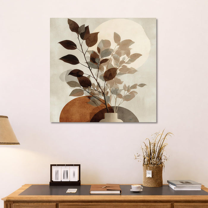 Abstract Botanical Leaf Stretched Canvas Wall Art Painting For Living Room, Modern Minimalist Earth Tone Painting, Boho Japandi Home Decor for Living Room, Bedroom & Office (56xx56 cm)