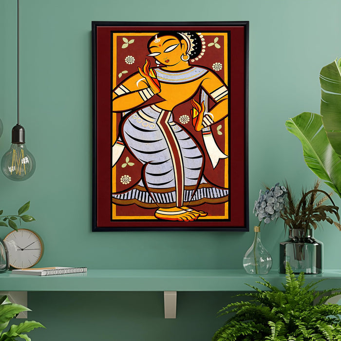 Indian Folk Religious Framed Canvas Painting for Living Room Wall Deocr, Krishna Mythology Dancing Gopi Framed Canvas Wall Art for Bedroom Home Hallways Office Hotel, Size 43x58 cm