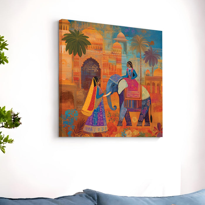 Royal Indian Elephant & Mughal Palace Stretched Wall Art Painting For Living Room, Traditional Rajasthani Folk Print Featuring Ethnic Women & Haveli Architecture For Home Decor (56xx56 cm)