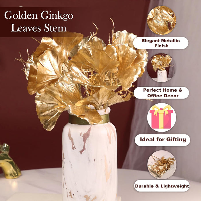 Golden Ginkgo Leaves Stems, Fake Faux Shrubs Made of PVC, UV Resistant Home Décor 31 cm