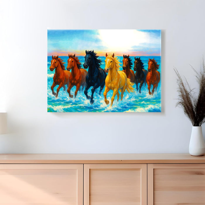 Seven Running Horses Wall Art Vastu Feng Shui Multicolor | Canvas Painting Stretched on Wood | Suits For Vastu-Friendly Place (16x22 Inch)