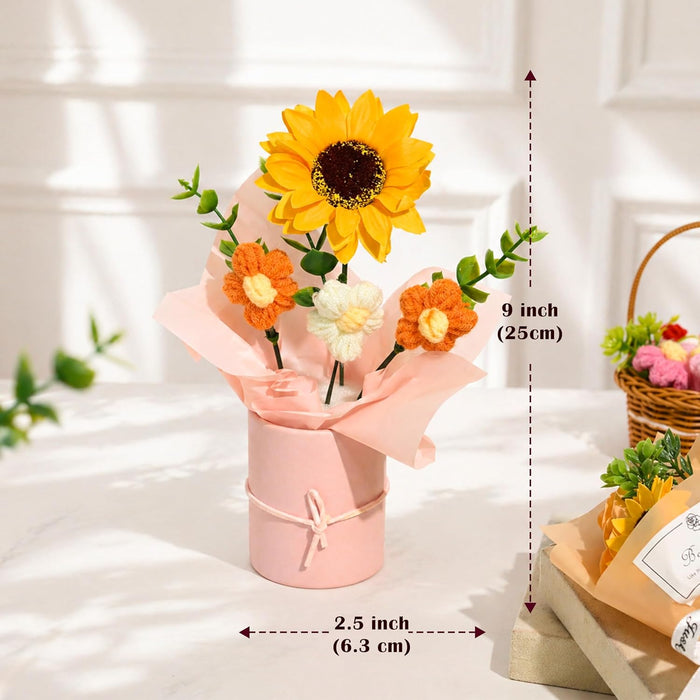 Art Street Handmade Crochet Flower Bouquet with Sunflower | Orange & White Knitted Flowers with Green Leaves, Decorative Pot with Ribbon for Home Décor, Birthday, Anniversary