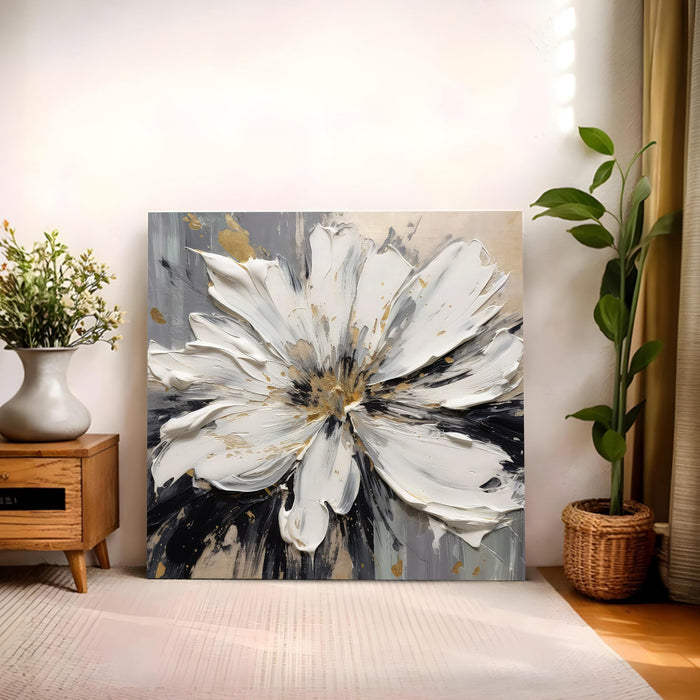 Modern Floral Stretched Canvas Wall Art Painting For Living Room, Painting White Flower with Heavy Texture & Gold Foil Accents, Contemporary Decor for Living Room, Bedroom & Office (56xx56 cm)