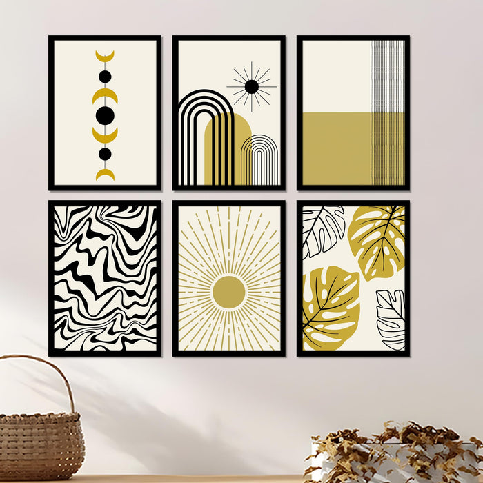 Abstract Boho Framed Painting Wall Art Set of 6 | Sun, Moon, Botanical & Geometric Prints | Neutral Earth Tones | Engineered wood Frame Wall Décor, (Size: A3)