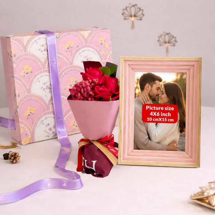 Art Street Valentine Gift Hamper Box with Photo Frame, One Red Rose Bouquet Valentine Celebration and Gift for Family, Friends and Relatives (Pack of 3)