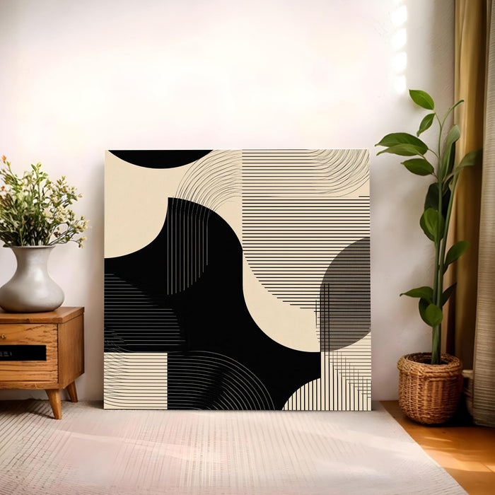 Modern Boho Optical Illusion Stretched Canvas Art Painting For Living Room, Minimalist Wavy Line & Geometric Shape Painting, Contemporary Abstract Decor for Living Room & Office (56xx56 cm)