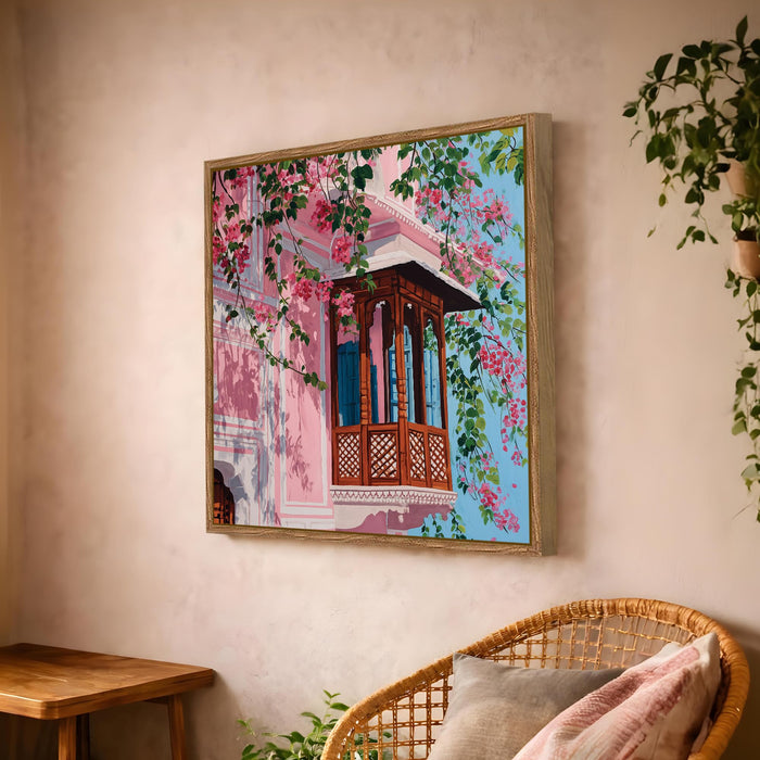 Jaipur Pink City Framed Painting For Living Room | Jharokha Art Large Canvas Painting With Frame Wall Art For Bedroom, Hallway's, Office, Hotel, Size 58x58 cm
