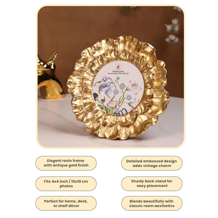 Vintage 4x4 Inch Photo Frame Golden Round – European Style Resin Picture Frame with Floral Petal Design, Tabletop or Wall Display, 10x10 cm