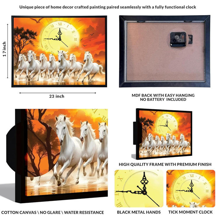 Landscape Abstract Vastu 7 White Running Horses Feng Shui Multicolor Framed Canvas wall art With Clock | Painting with clock | For Vastu Friendly Place, Living room, Bedroom 43x58 cm